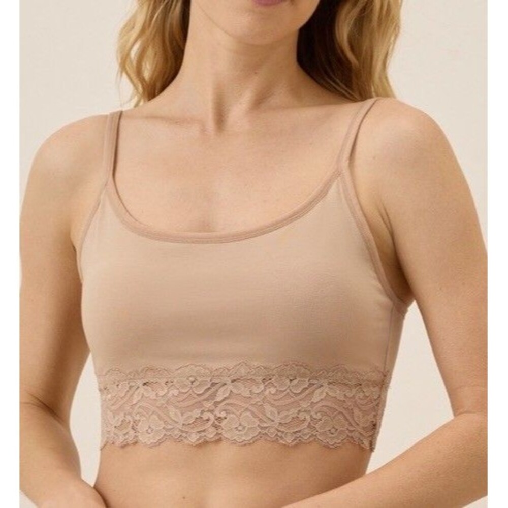 Pact Women's Organic Sustainable Cotton Lace Trim Bralette Beige Nude Comfy Sz M